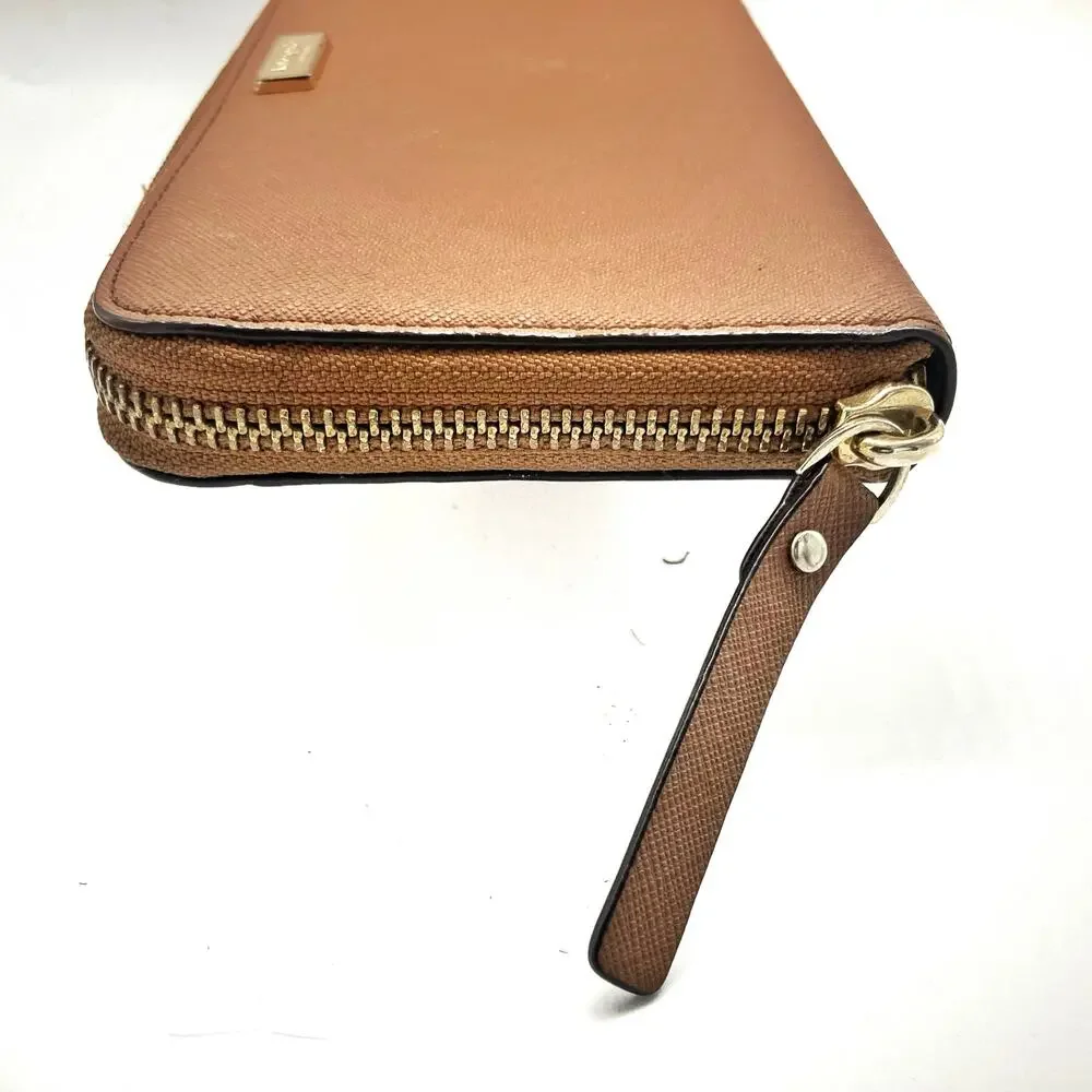 Kate Spade Cognac Saffiano Leather Zip Around Continental Wallet Gold Logo 2010s